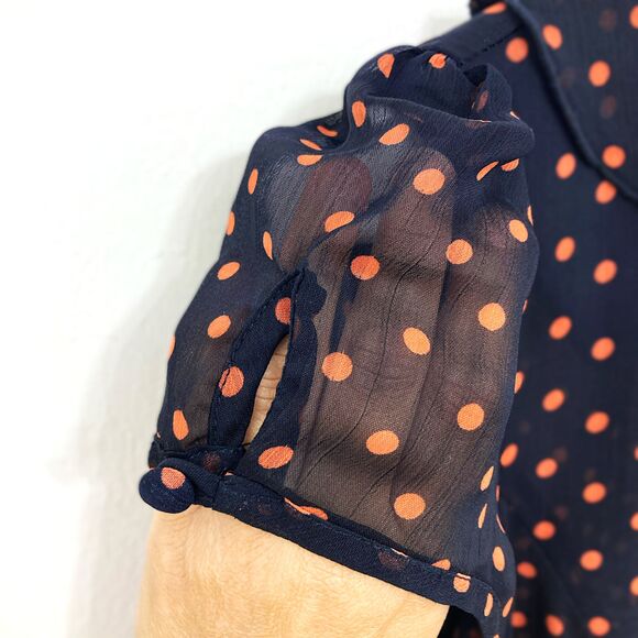 MSK Dress Size 4 Polka Dot Navy Pink Faux Wrap Ruffle Midi Short Sleeve - Picture 8 of 16